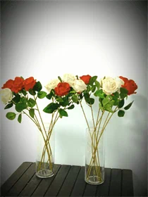 8 ורדים מלאכותיות ומלכותיות צבע לבן וארגמן בצלינדר זכוכית גובה 25 ס"מ